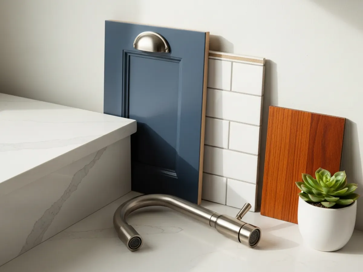 Material samples for a Boise Bench mid-century kitchen remodel — white quartz, navy shaker cabinet door, white subway tile, refinished red oak flooring, brushed-nickel hardware