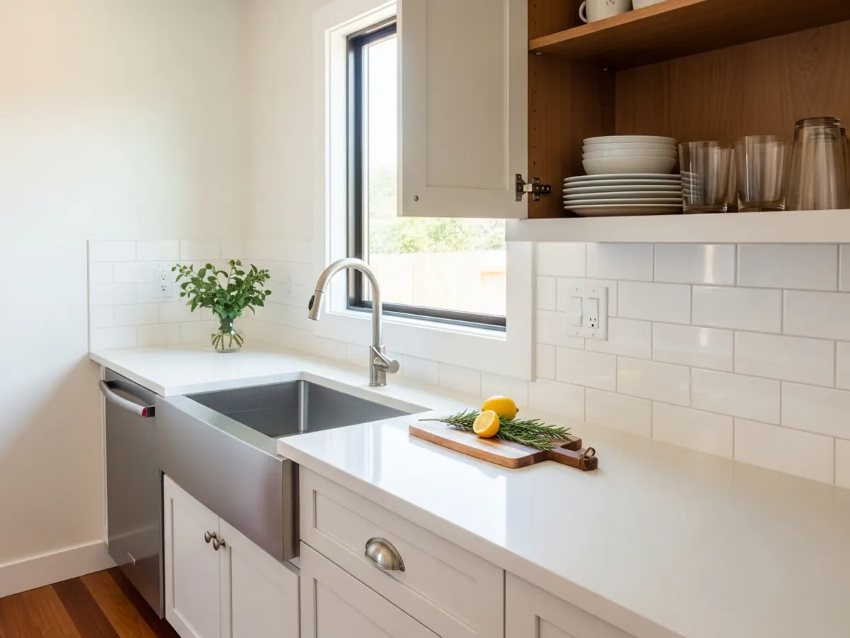 Detail of a finished Boise Bench mid-century kitchen sink area with stainless apron-front sink, white quartz counter, subway tile backsplash, and brushed-nickel hardware