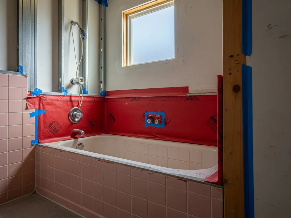 Mid-renovation tub-to-shower conversion in a Boise Bench mid-century ranch bathroom with new cement board curb, waterproof membrane, and rough plumbing