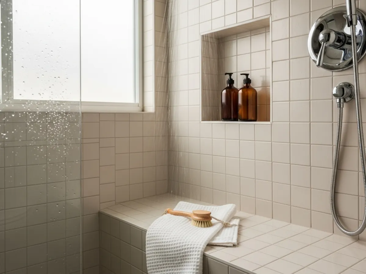 Detail of a finished walk-in shower in a Boise Bench mid-century bathroom showing built-in tile bench, recessed niche, and rain shower head