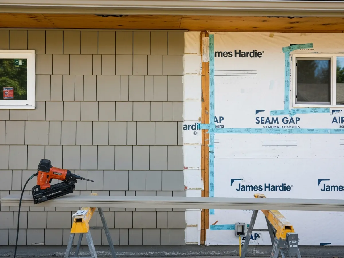 James Hardie siding installation in progress on a Boise Bench mid-century ranch with half the wall finished and half showing housewrap and strapping