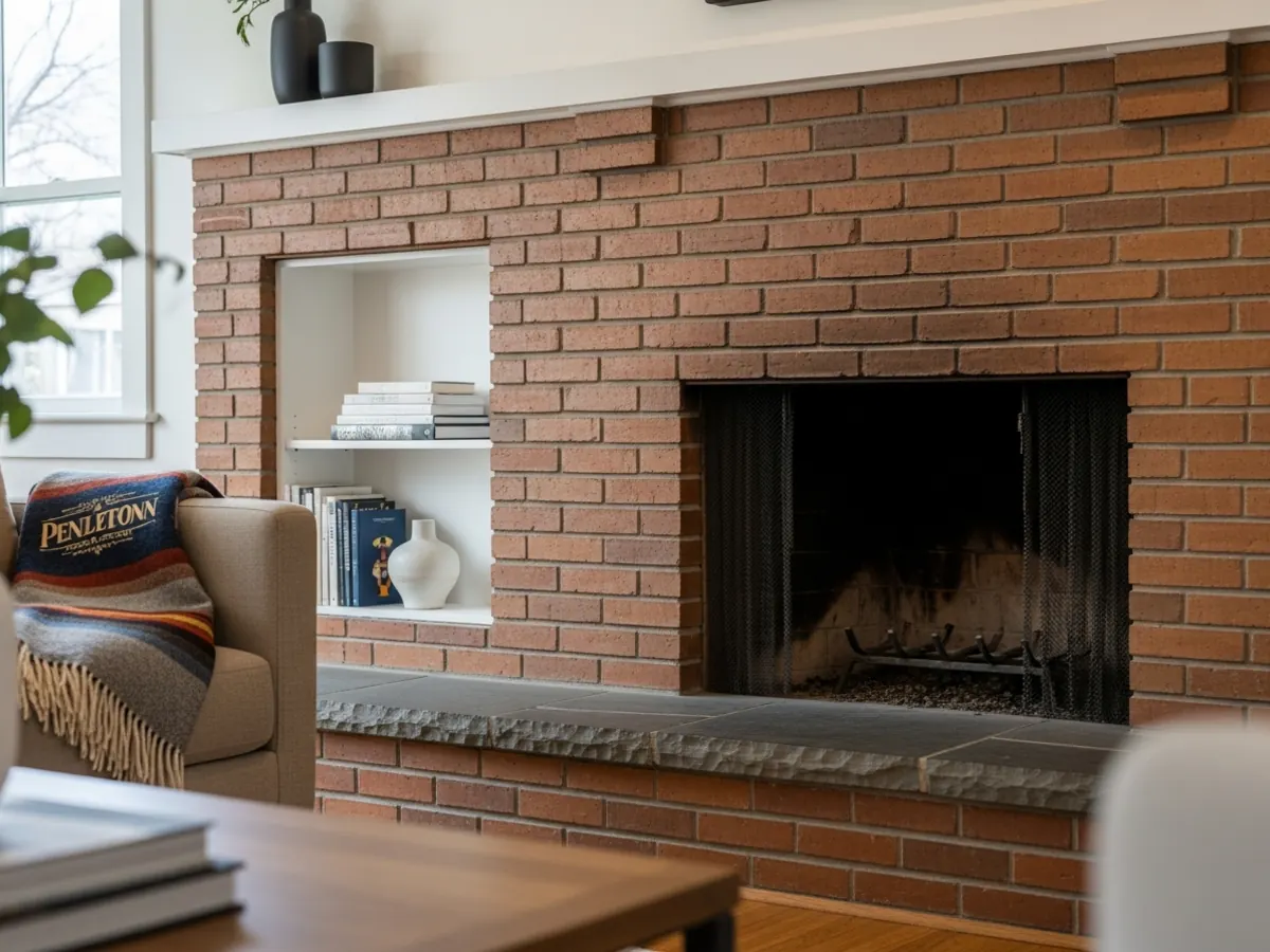Original mid-century brick fireplace preserved in a Boise Bench whole-home remodel with refinished slate hearth and modern accents