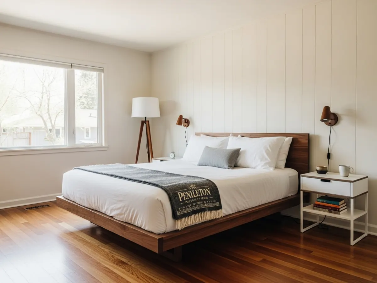 Finished primary bedroom in a Boise Bench mid-century ranch whole-home remodel with preserved original paneling, walnut platform bed, and refinished oak flooring