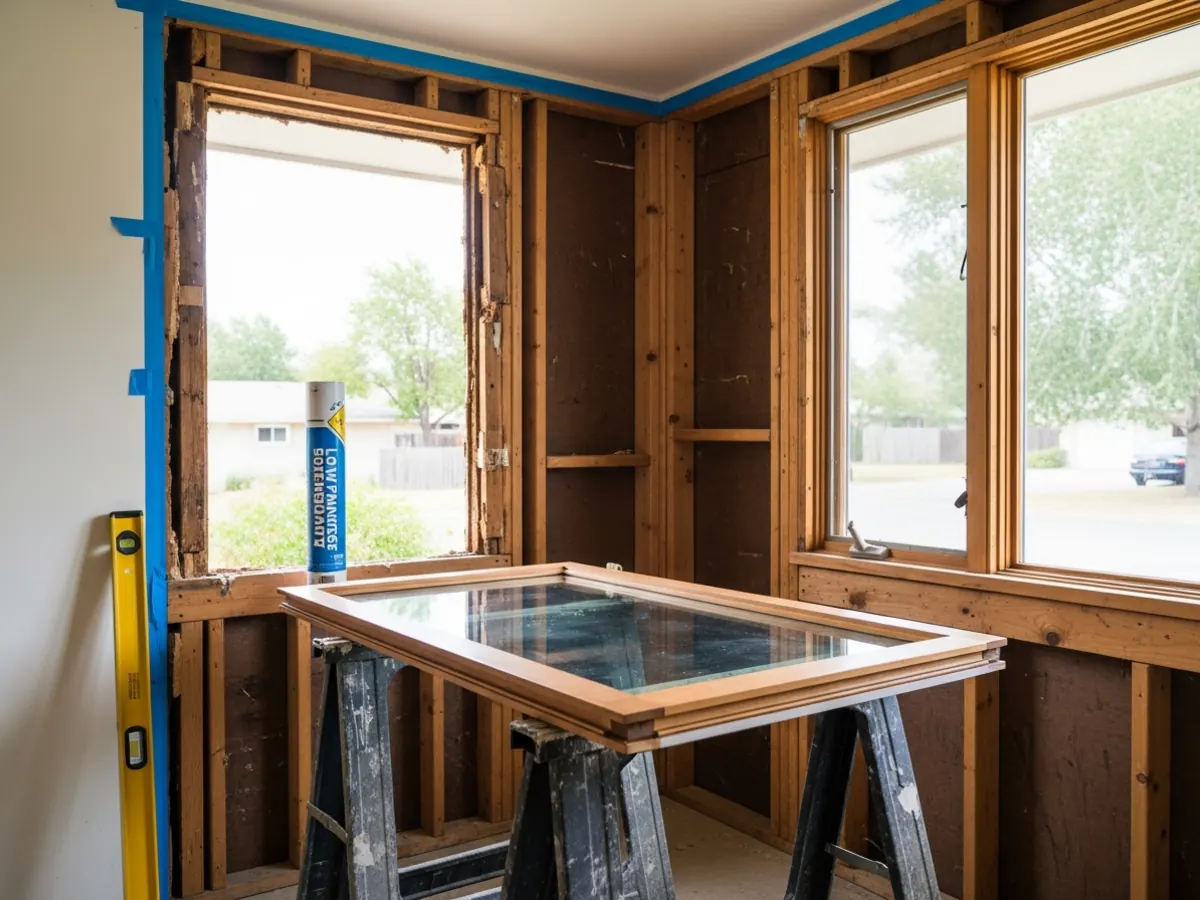 Window replacement in progress in a Boise Bench mid-century ranch with rough opening exposed and a new wood-clad replacement window staged for installation