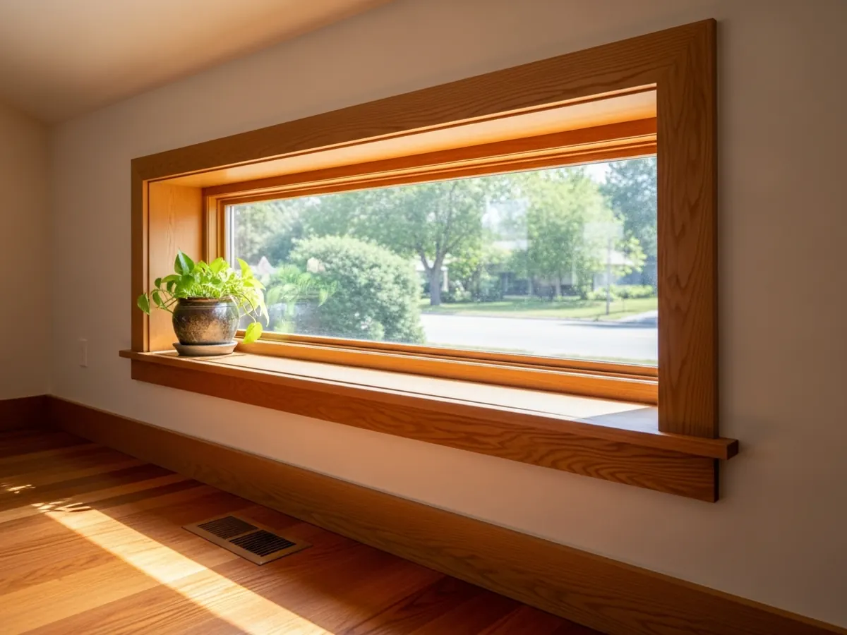 Detail of a finished newly installed wood-clad window in a Boise Bench mid-century home with simple white trim and modern profile