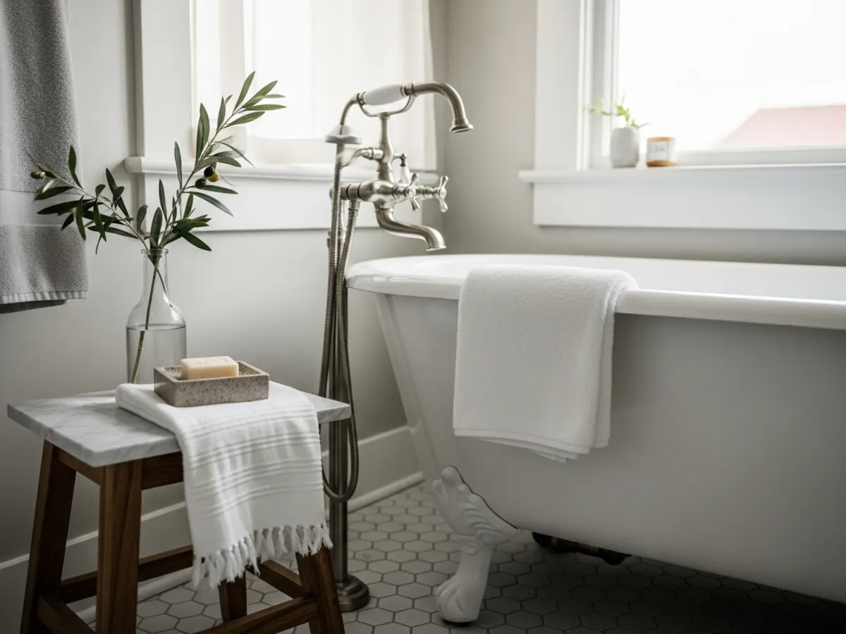 Detail of a finished North End Craftsman bathroom in Boise with clawfoot tub, brushed nickel filler, hex floor tile, and marble accent stool