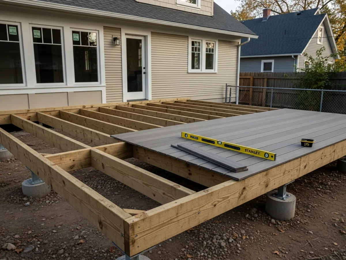 Deck construction in progress in a North End Boise back yard showing finished framing on concrete piers with composite decking half-installed