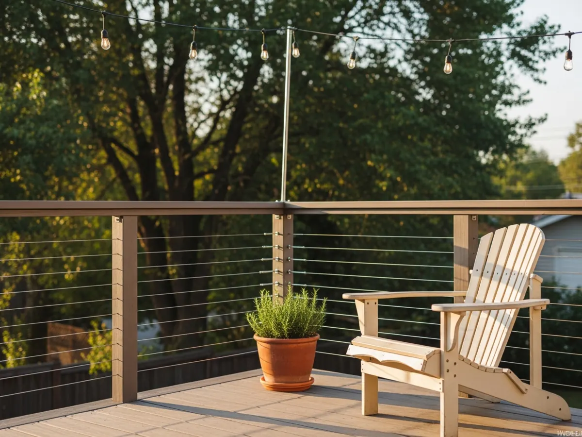 Detail of a finished deck on a North End Boise Craftsman home with composite floor, cable railing, terra cotta planter, and vintage Adirondack chair