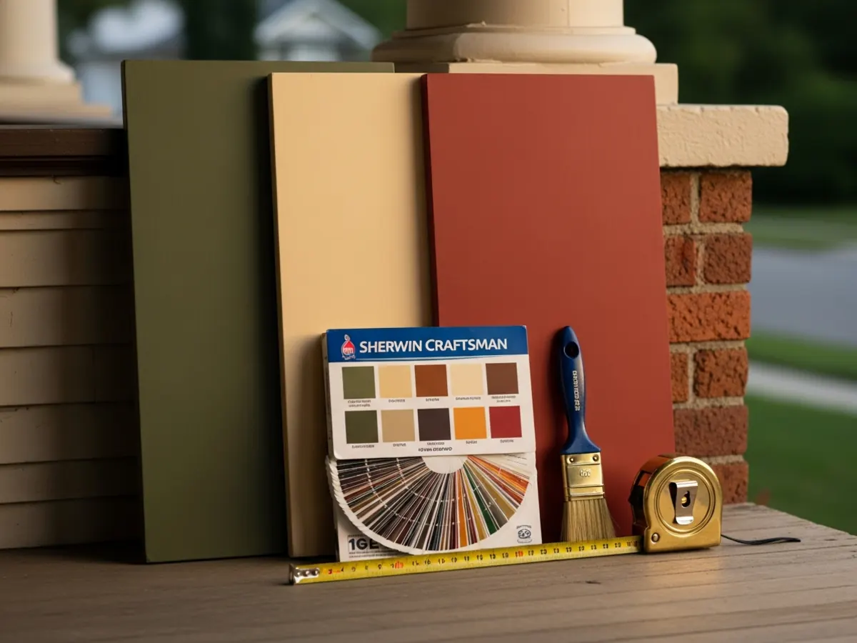 Exterior paint samples for a North End Boise Craftsman bungalow showing historical color scheme of olive green siding, cream trim, and brick red accents