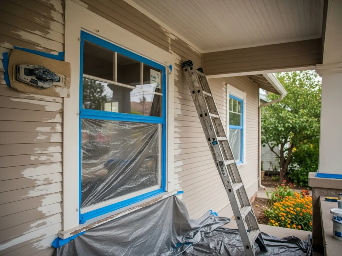 Exterior paint prep on a North End Boise Craftsman bungalow showing scraped lap siding, masked trim, and protective tarp on plantings