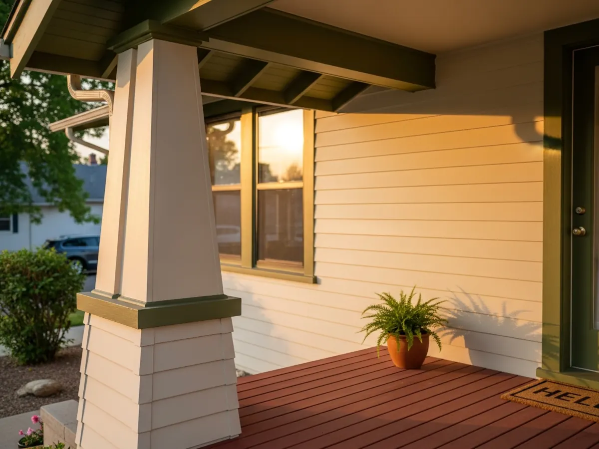 Detail of a freshly painted Craftsman front porch in Boise's North End with cream column, olive green rafter tails, and brick red porch deck