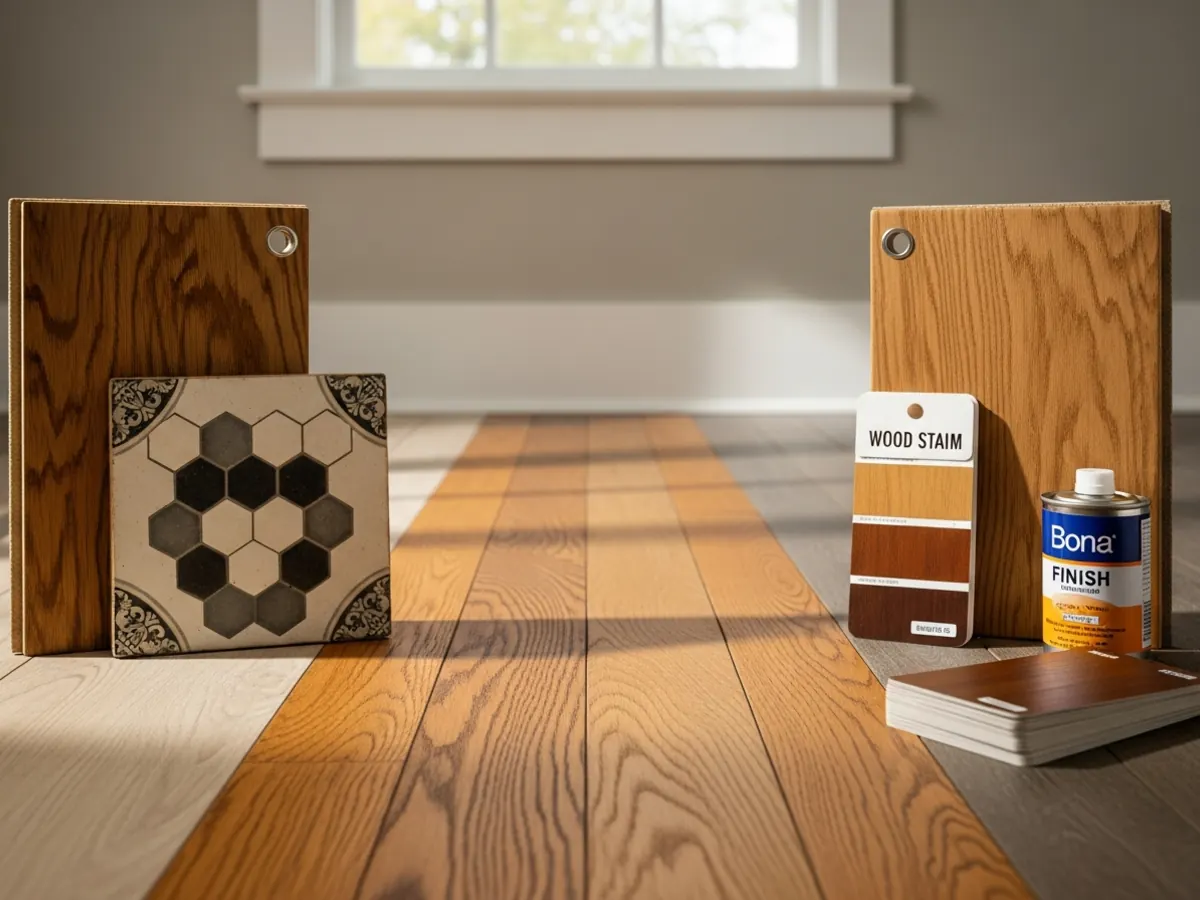 Flooring material samples for a North End Boise Craftsman home including refinished oak strip, engineered oak, hex tile, and stain options