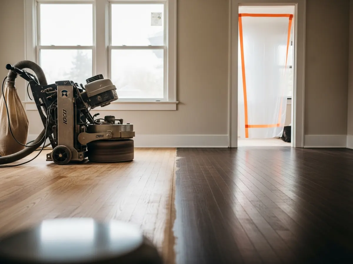 Original oak floor mid-refinishing in a North End Boise Craftsman bungalow showing the seam between freshly sanded raw wood and original dark stain