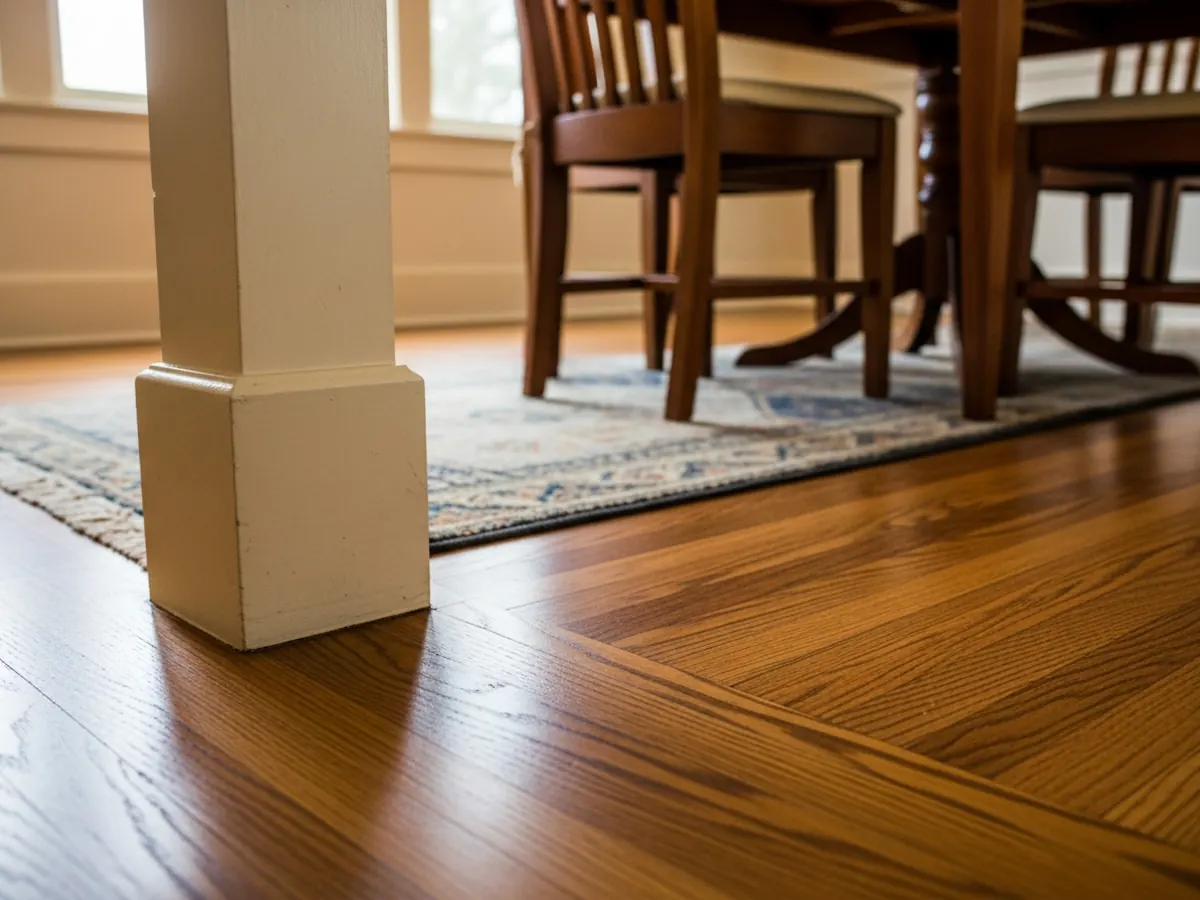 Refinished oak floor detail in a North End Boise Craftsman dining room with grain visible, original baseboards, and a vintage runner rug