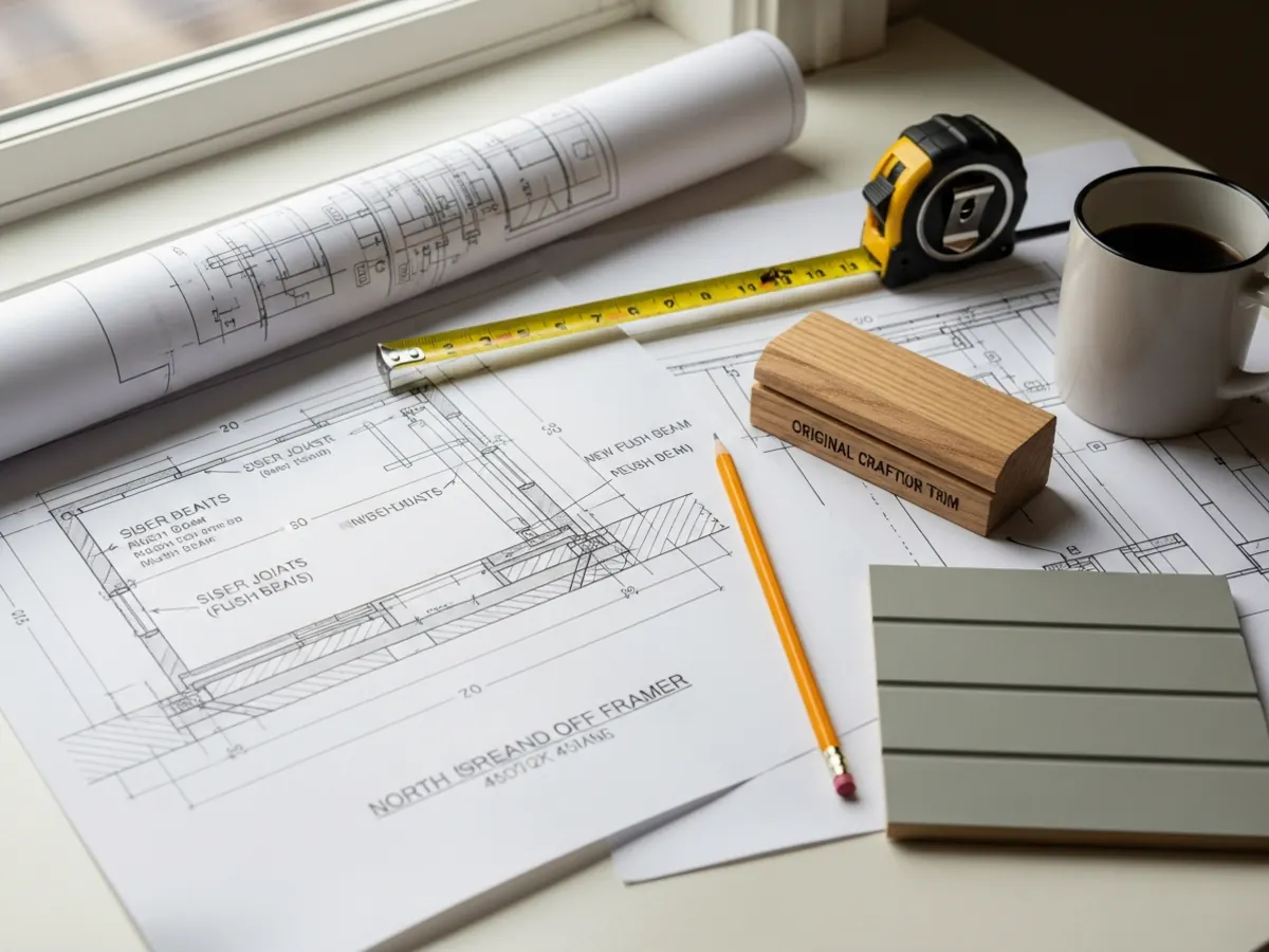 Construction drawings and material samples for a North End Boise Craftsman home addition showing structural connection between original and new framing