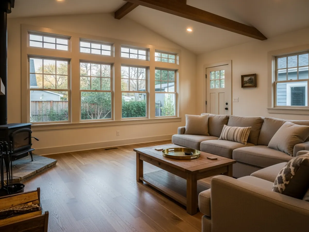 Interior of a finished North End Boise Craftsman home addition great room with vaulted ceiling, exposed beams, oak floors continuing the original pattern, and Craftsman trim