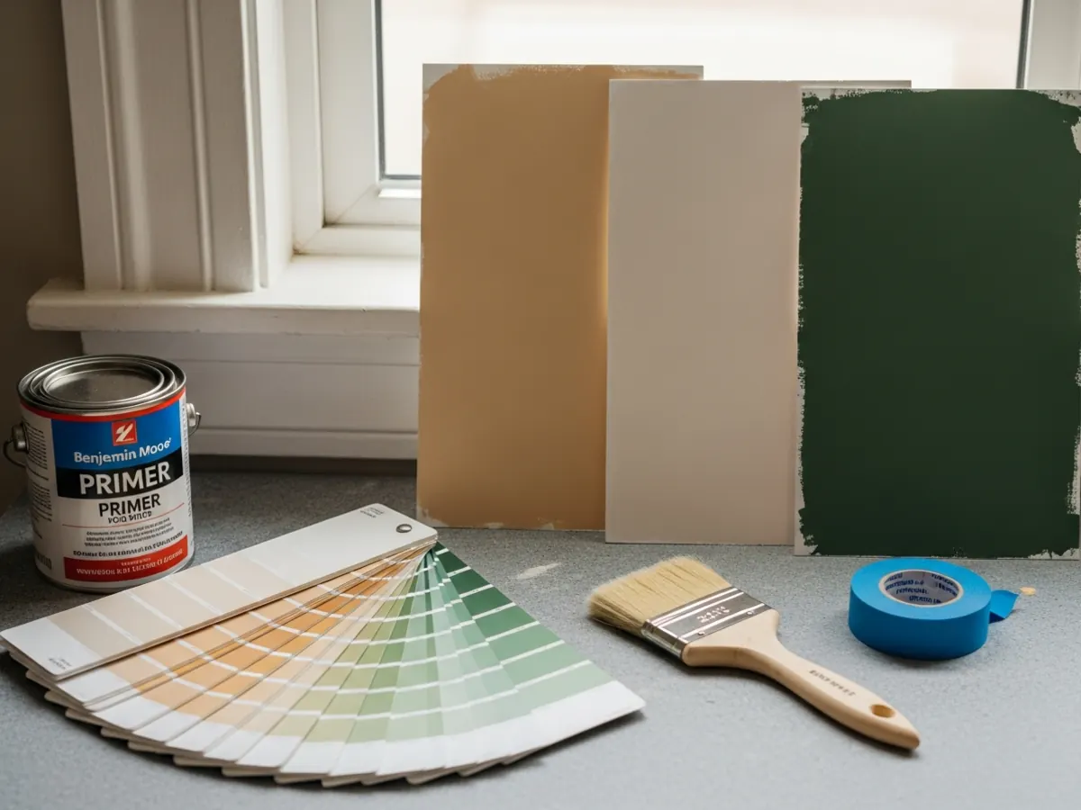 Interior paint color samples and brushes for a North End Boise Craftsman bungalow repaint in warm whites, greige, and Craftsman green