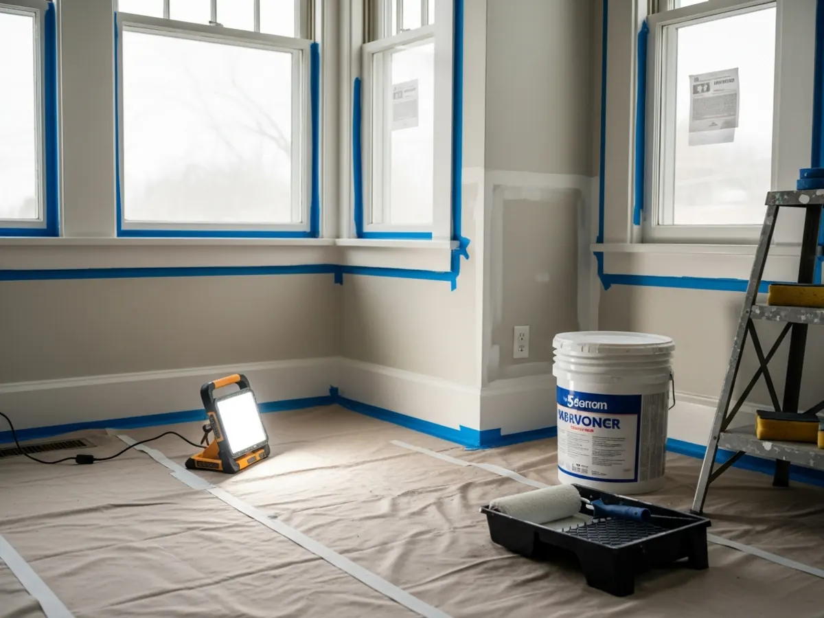 Interior painting prep work inside a North End Boise Craftsman bungalow with painter's tape masking original window casings and drop cloths protecting original floors