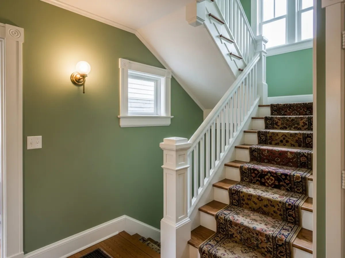 Repainted Craftsman entry stairway in a North End Boise home with warm green walls, white trim, original oak treads, and brass sconce