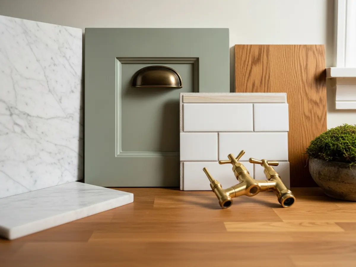 Material selections for a Boise North End Craftsman kitchen remodel — honed marble counter, sage green shaker cabinet door, white subway tile, refinished oak flooring, oil-rubbed bronze hardware
