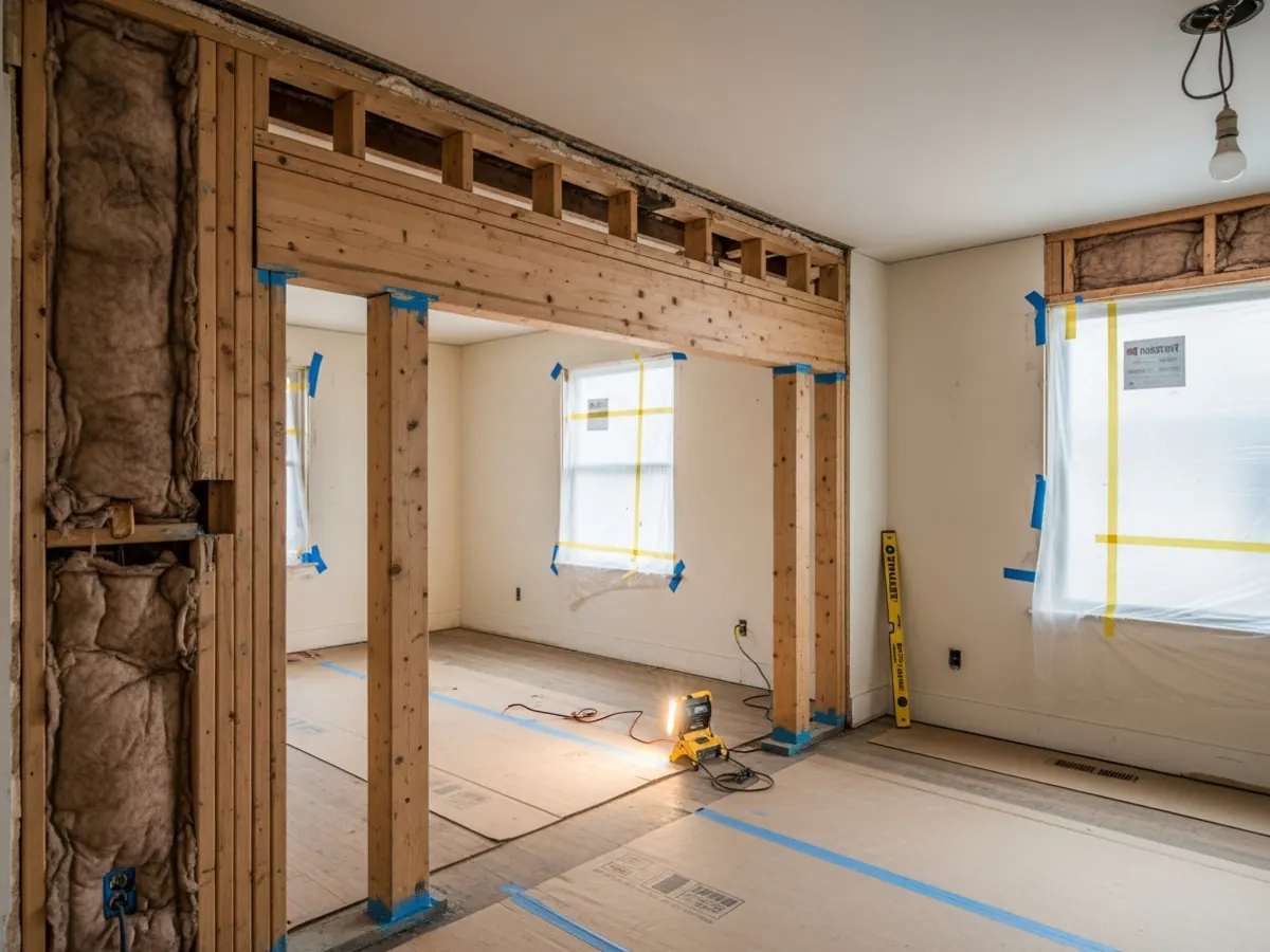 North End Boise kitchen mid-renovation showing a removed load-bearing wall with a new LVL beam spanning the kitchen-to-dining-room opening, ready for finish work