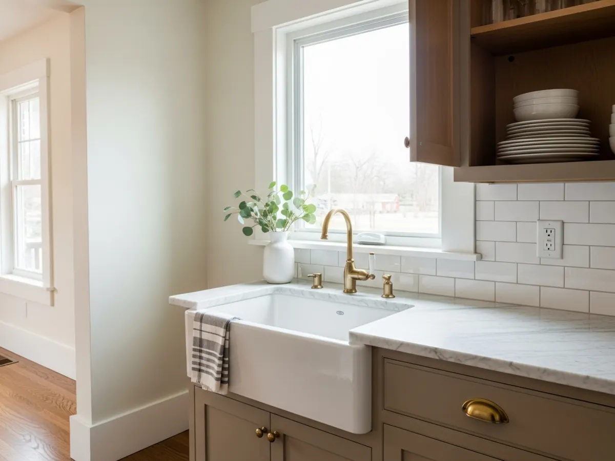Detail of a finished North End Craftsman kitchen sink area in Boise with apron-front fireclay sink, honed marble, subway tile backsplash, and brass cabinet hardware