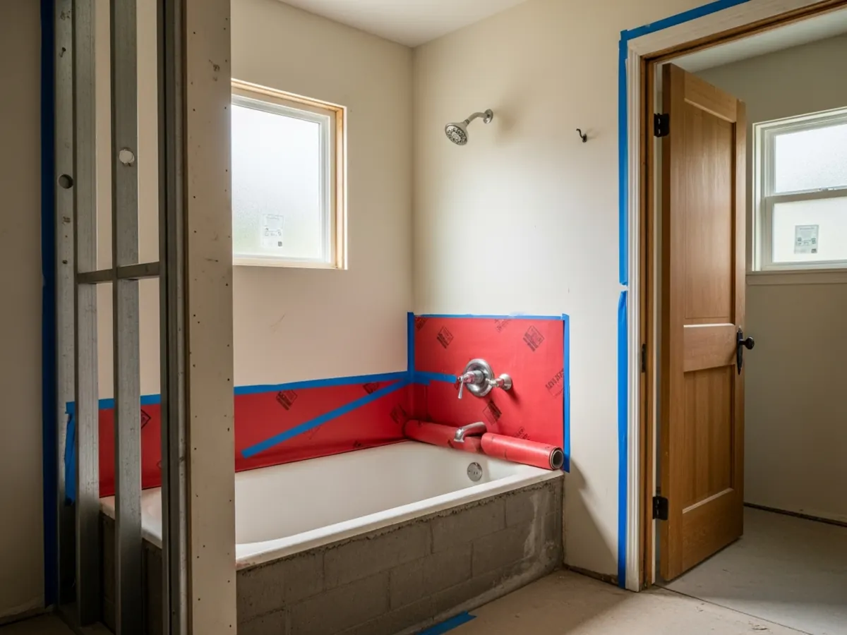 Mid-renovation tub-to-shower conversion in a North End Boise Craftsman bathroom with new cement board curb, waterproof membrane, and rough plumbing