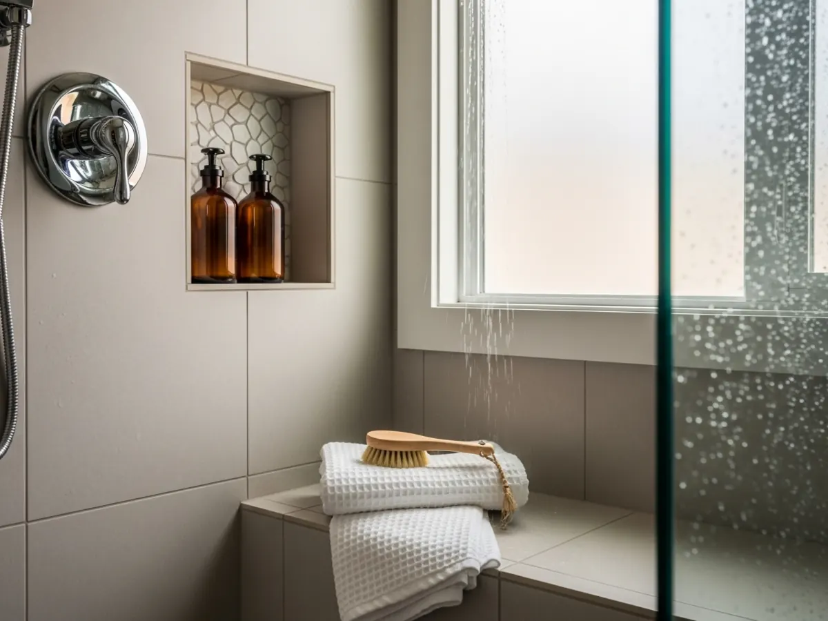 Detail of a finished walk-in shower in a North End Boise Craftsman bathroom showing built-in tile bench, recessed niche, and rain shower head