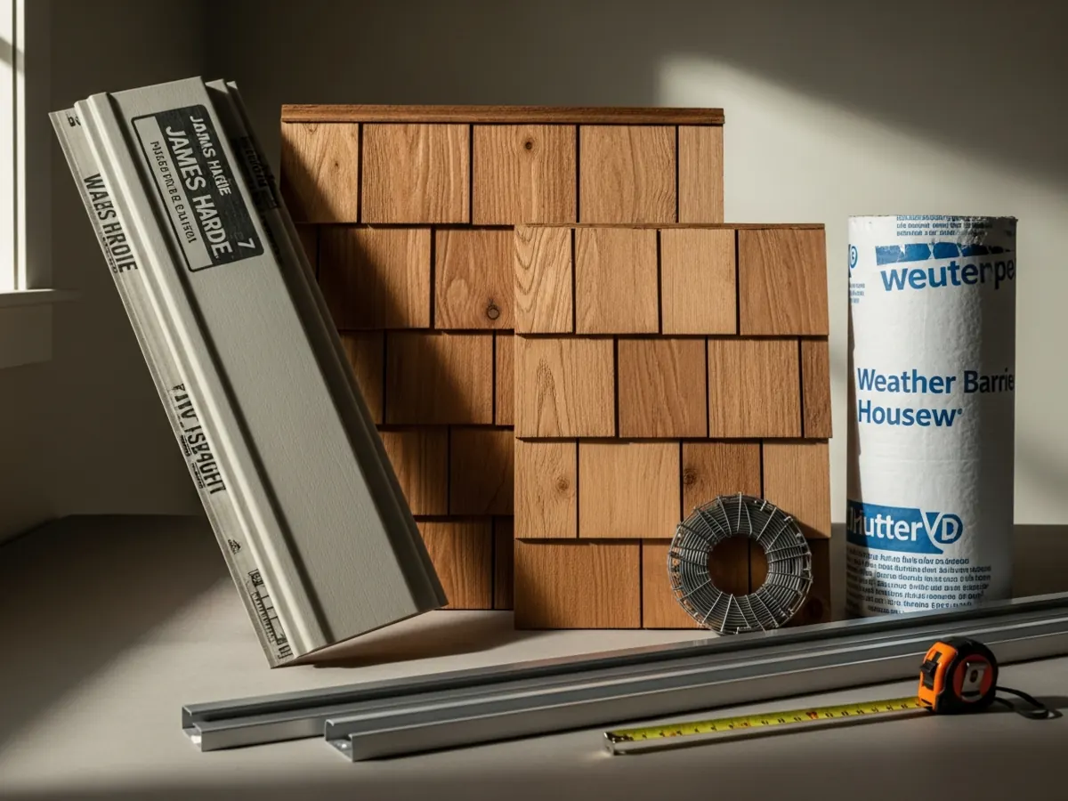 Siding installation materials for a North End Boise Craftsman home — James Hardie lap, cedar shingle accent, housewrap, fasteners, starter strip