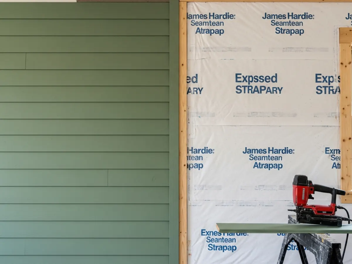 James Hardie siding installation in progress on a North End Boise Craftsman bungalow with half the wall finished and half showing housewrap and strapping