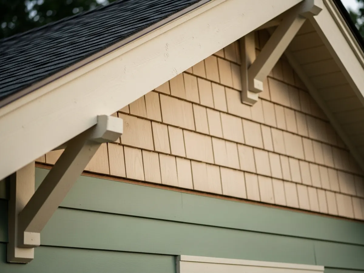 Finished cedar shingle gable detail on a North End Boise Craftsman bungalow with painted shingles, exposed rafter tail, and sage green lap siding below