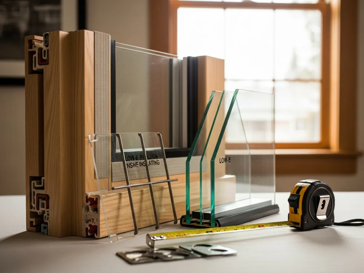 Replacement window components for a North End Boise Craftsman home including wood-clad jamb, divided-light grid, low-E glass, and bronze hardware