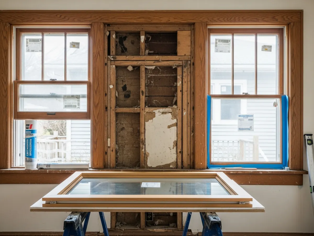 Window replacement in progress in a North End Boise Craftsman bungalow with rough opening exposed and a new wood-clad replacement window staged for installation
