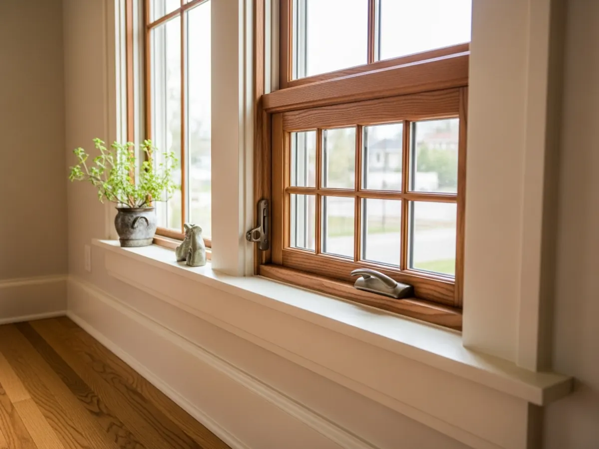 Detail of a finished newly installed wood-clad window in a North End Boise Craftsman home with divided-light grid, bronze hardware, and original Craftsman trim profile