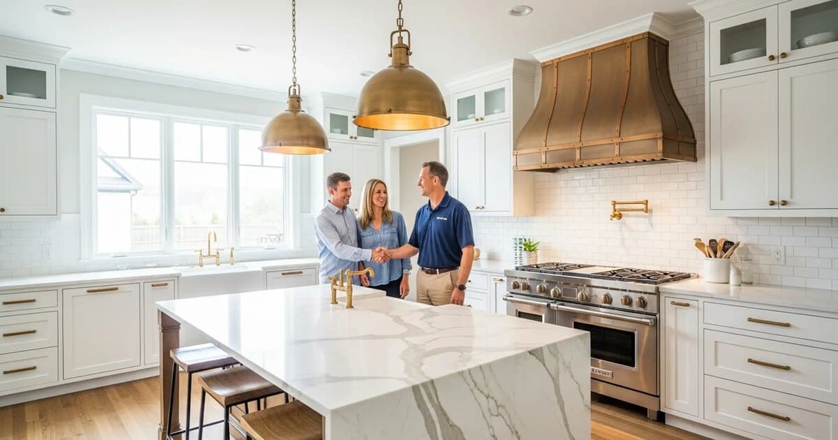 Happy homeowners celebrating their finished custom kitchen remodel with Iron Crest contractor in Boise Idaho