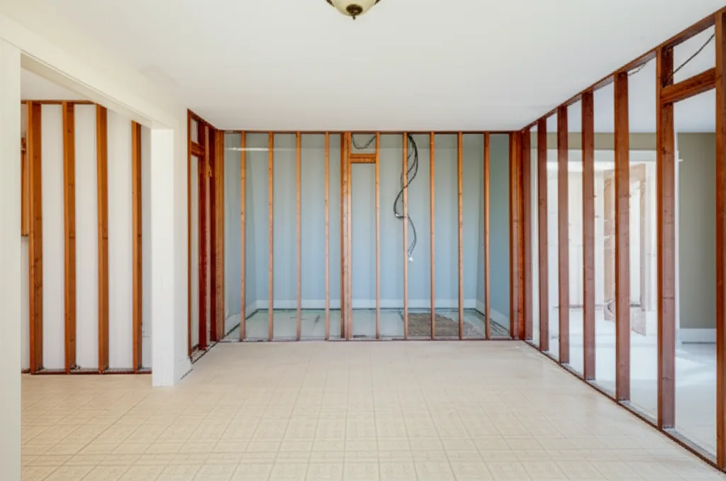 Whole home demolition phase with interior stripped to studs