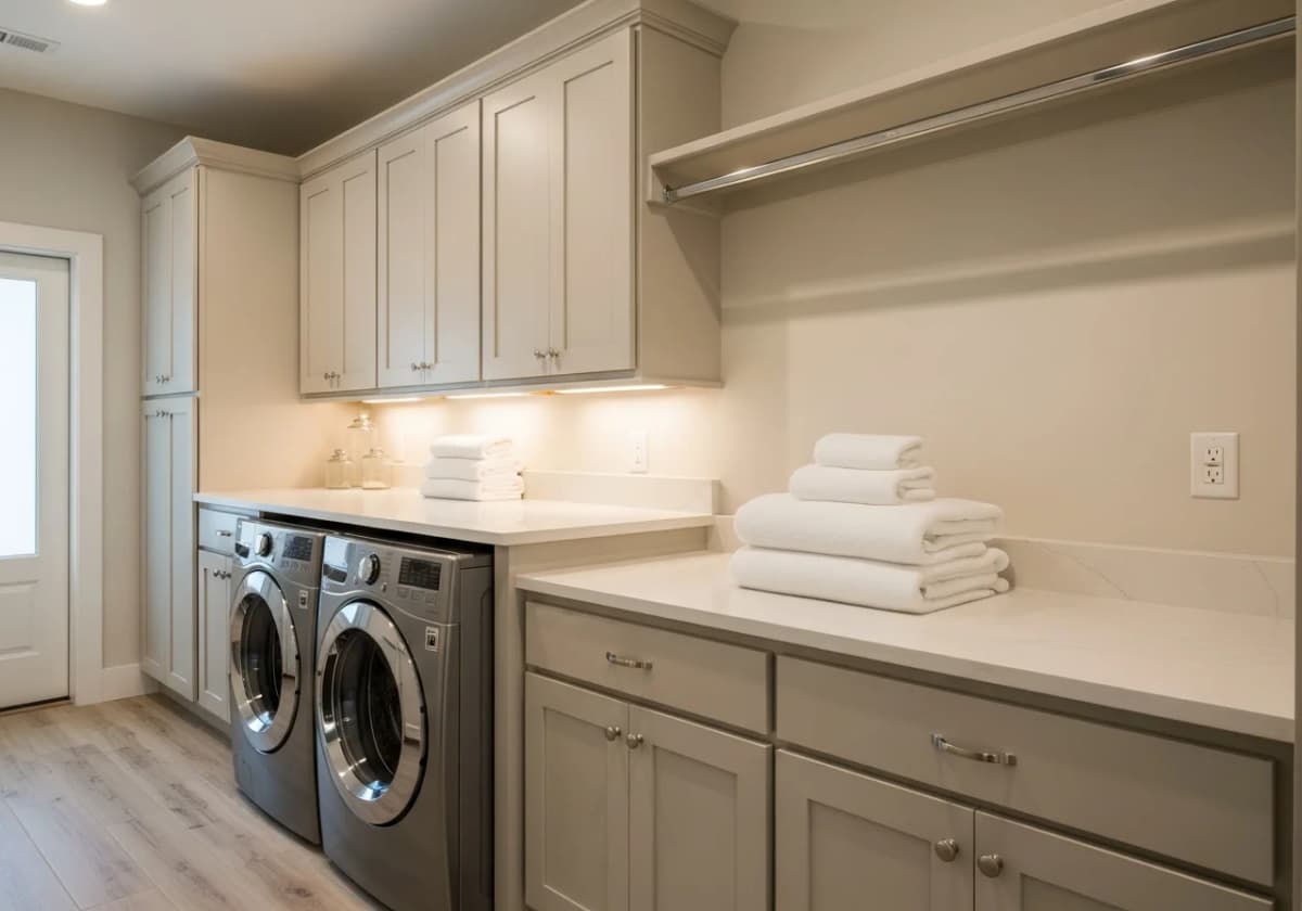 A bright remodeled laundry room in a Boise home with custom cabinets and a folding counter above the washer and dryer
