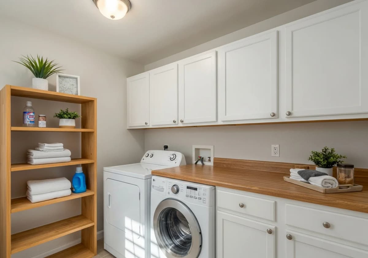 A budget laundry room refresh in a Boise home with stock white cabinets, open shelving, and a laminate folding counter