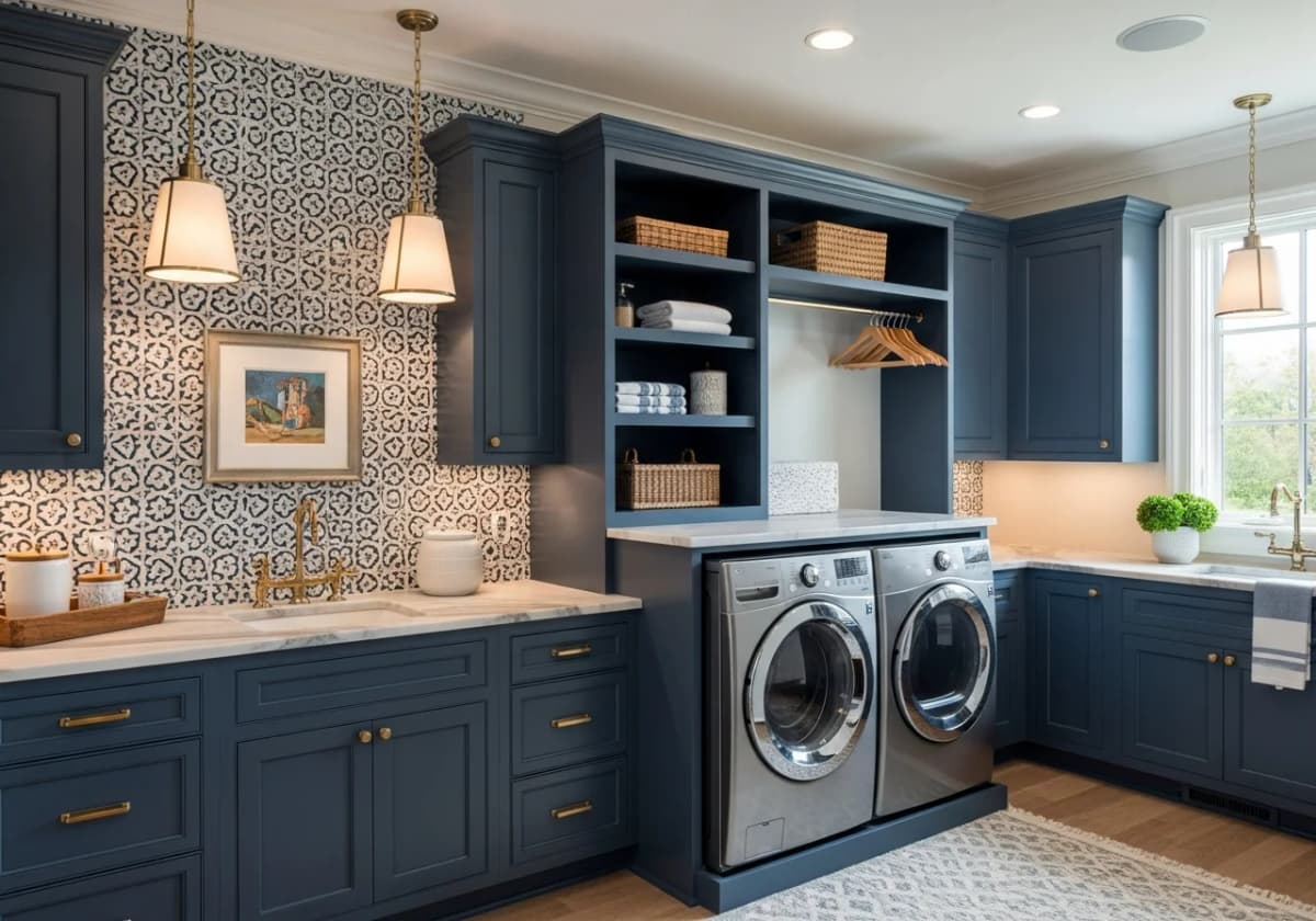 A high-end laundry room with custom cabinetry, stone countertop, specialty tile backsplash, and a premium washer and dryer in a Boise home