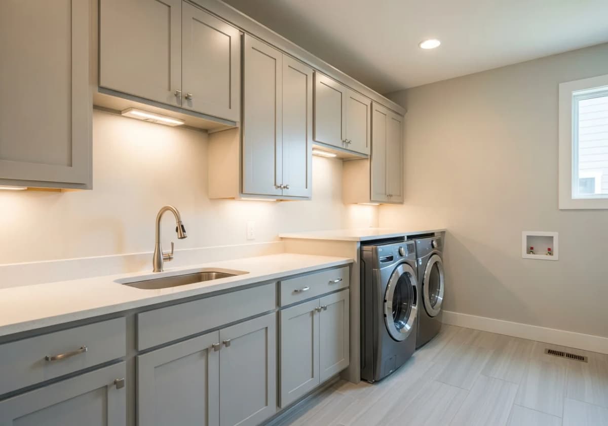 A mid-range laundry room remodel with semi-custom cabinets, quartz countertop, utility sink, and tile floor in a Treasure Valley home