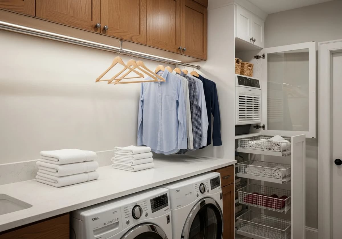 A laundry room folding station with a quartz counter over front-load machines and a hanging drying rod