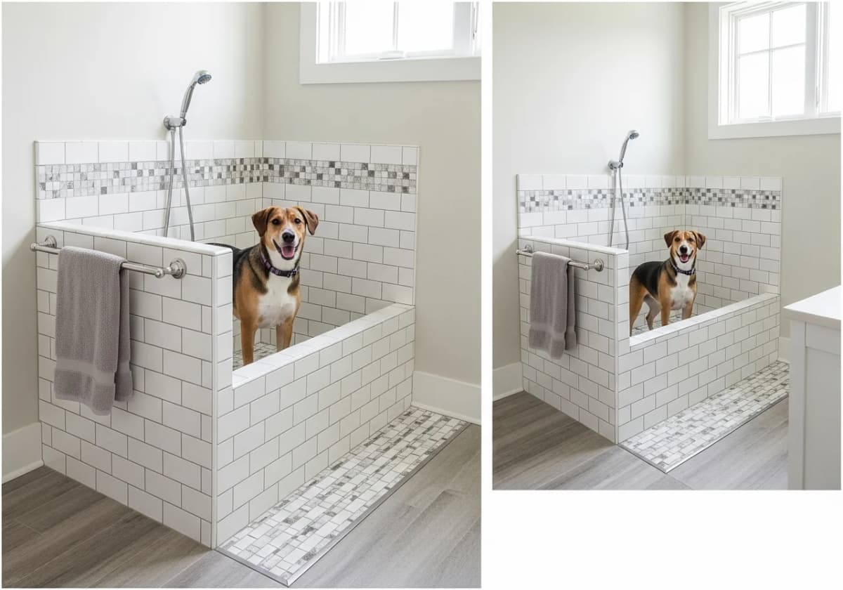 A tiled built-in dog wash station with a raised basin and handheld sprayer in a Boise laundry room