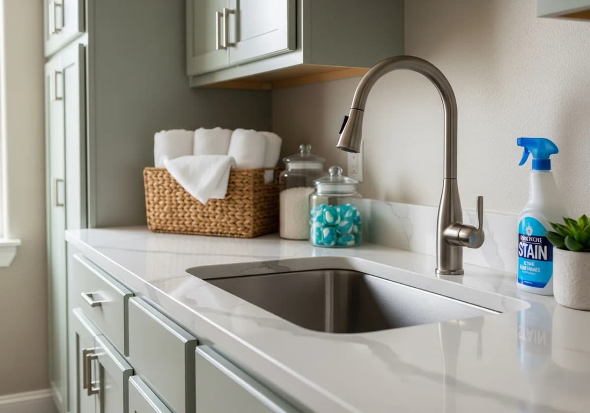 A laundry room utility sink set into a quartz countertop with cabinets in a Treasure Valley home remodel