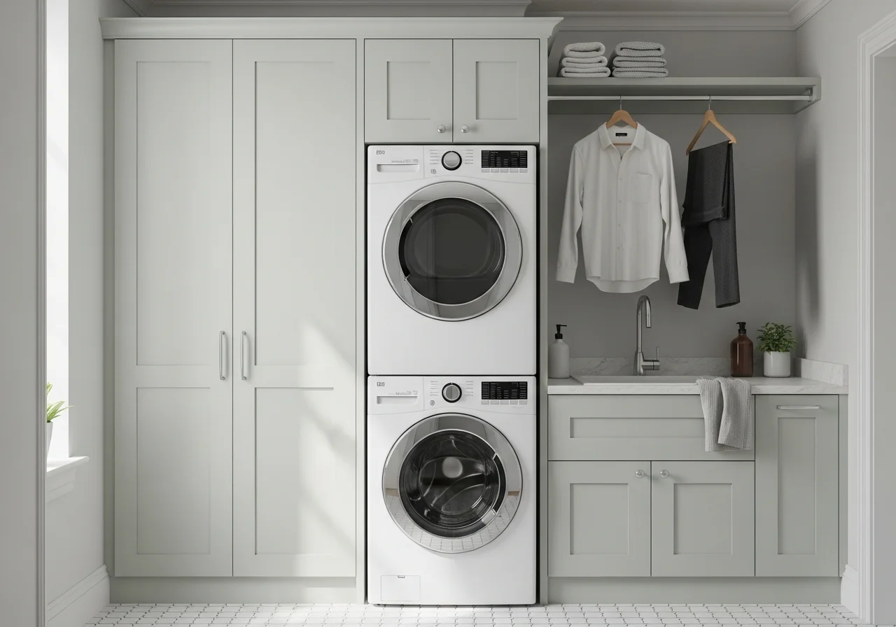 A compact Boise laundry room with a stacked washer and dryer, pale cabinetry, and an overhead drying rail