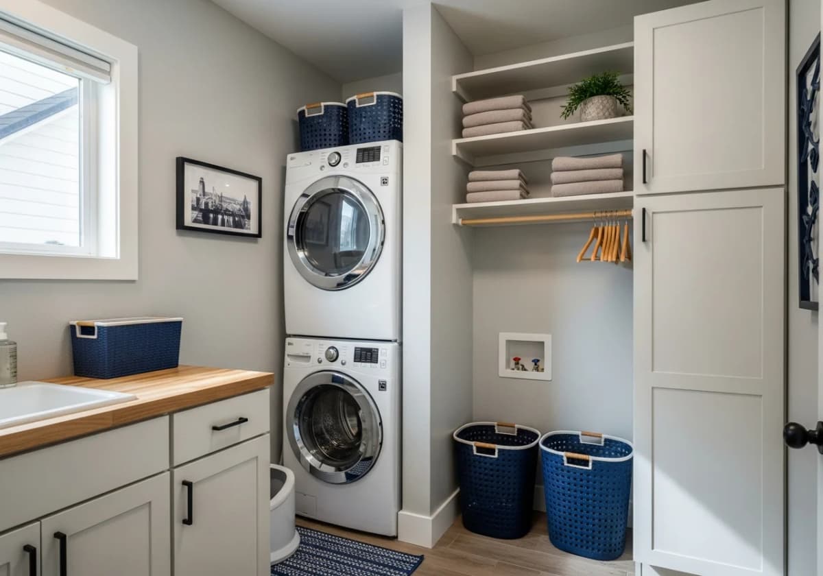 A stacked washer and dryer in a compact remodeled Boise laundry closet with cabinets alongside