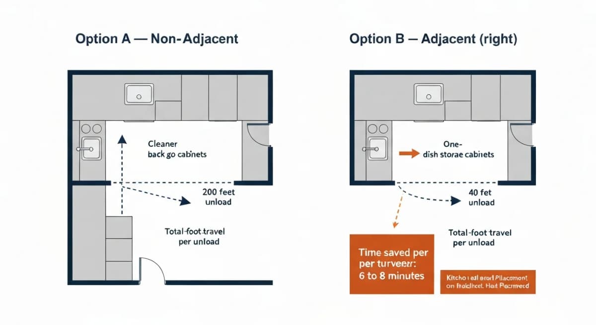 Architectural overhead floor plan diagram of a kitchen showing two dishwasher placement options compared with workflow arrows — option A places dishwasher 10 feet from dish-storage cabinets requiring cleaner to walk back and forth carrying clean dishes; option B places dishwasher directly adjacent to dish-storage cabinets allowing single-motion unload — with total foot-travel-distance metrics shown for each option