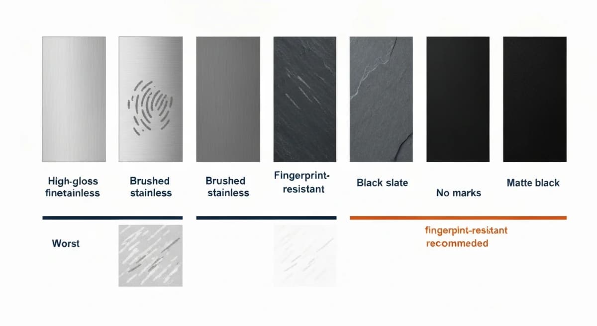 Side-by-side product detail diagram comparing five appliance finish types — high-gloss stainless steel showing visible fingerprints, brushed stainless steel showing fingerprints, fingerprint-resistant stainless steel showing minimal marks, black slate finish showing no fingerprints, and matte black finish showing no marks — each labeled with the finish type and a relative cleaning-time-per-surface metric