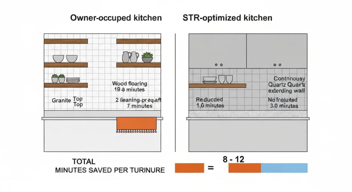 Comparative diagram showing two kitchen counter configurations — left side shows a typical owner-occupied kitchen with mixed materials (granite counter, tile backsplash with cementitious grout, wood floating shelves, fabric runner) labeled with cleaning-time per square foot estimates; right side shows an STR-optimized kitchen with continuous quartz counter and backsplash, no floating shelves, no fabric, all hard surfaces labeled with reduced cleaning-time estimates — a chart at the bottom totals minutes of cleaning time saved per turnover