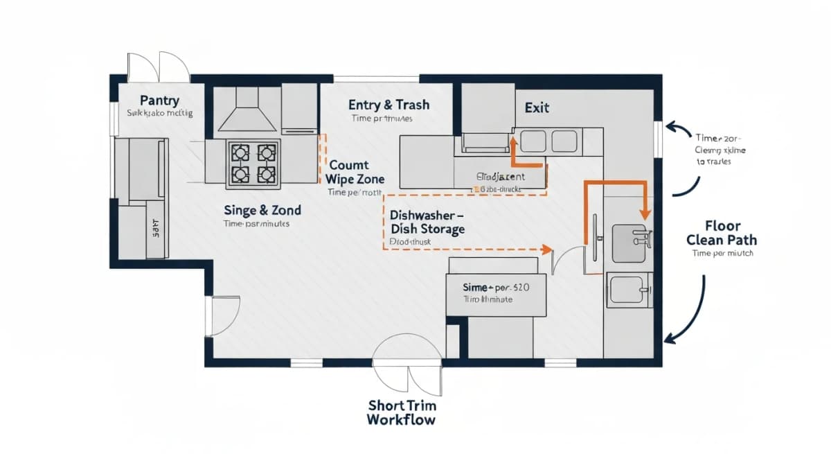 Architectural overhead floor plan diagram of a short-term rental kitchen with cleaning workflow zones highlighted — labeled zones for hard-surface counter ratio, dishwasher to dish-storage adjacency, fingerprint-resistant appliance positioning, single-cookware-set storage, and waste/recycle zone — with workflow arrows showing the optimal cleaner movement path from entry through trash, dishes, counters, range, and exit