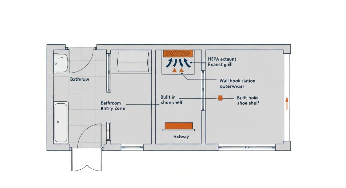 Diagram: bathroom floor plan showing the clothing-handoff zone design for allergen reduction — a built-in covered hamper near the entry, a wall-mounted hook for outerwear (jackets, hats), a small built-in shelf for outdoor shoes, and a labeled HEPA-filtered exhaust grille capturing pollen released during clothing removal